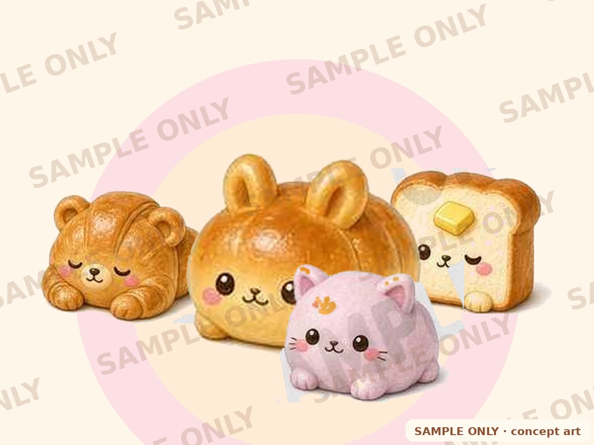 Concept art: Croissant Cub, Bunny Brioche, Toasty Pup and Mochi Kit squishies huddled together. Watermarked SAMPLE ONLY.